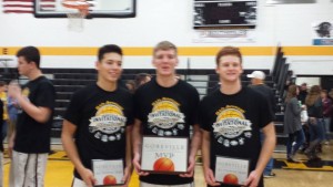 Ranger All Tournament team recipients from the Goreviille Invitational, left Austin Wills, middle Timmy Henson (MVP) right Derek Oxford