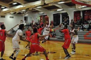 RLC's Timothy Dunn goes for the bucket Wednesday night as the Warriors took on Wabash Valley College.  (Reece Rutland/RLC Public Information)