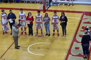 Rebdird Seniors being honored on Senior Night; Scotty Clinton (51) Austin Glodich (10)  Scotty Clinton (12) and Ethan Riddle (21)  - Richard Sitler, Southern Illinoisan Photo