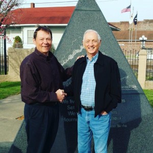 Old King Coal President Steve Sawalich (left) is shown congratulating 2017 Old King Coal of West Frankfort, Charles A. Bartoni, Jr in front of the Coal Miners Memorial monument at Coal Miners Memorial Park in downtown West Frankfort.