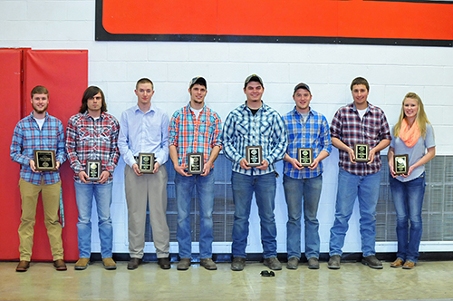 The Outstanding Agriculture Students of the Year are, FROM LEFT, Wade Hutchens of Ewing; Zane Clark of Macedonia; Zach Sternberg of Ellis Grove; Chase Nicol of Carlisle, Ind.; Jordan Krug of Belleville; Brennan Fitzwater of Salem; Austin Ellison of Belleville; and Emily Lusby of Bluford. (ReAnne Palmer / RLC Public Information)