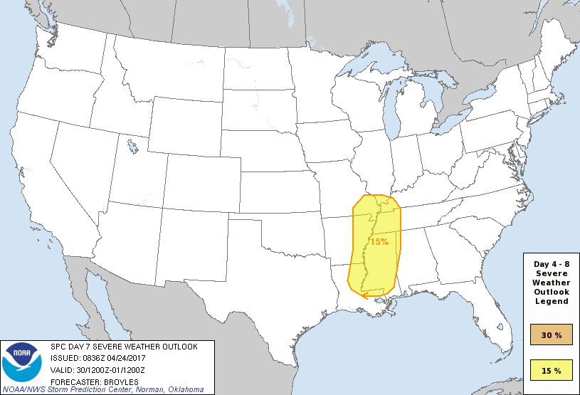 This is for Sunday, April 30.  Confidence from the SPC must be high, issuing this seven days out.  (NOAA image)